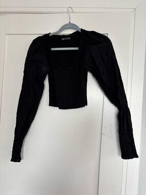 Zara Black Puff-Sleeve Cropped Long-Sleeve Top